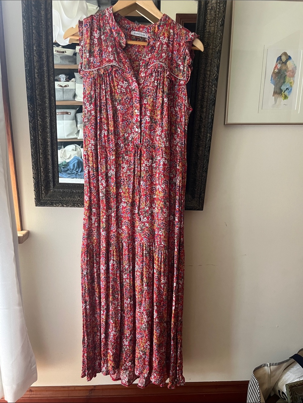 LoveShackFancy Red Floral Ruffled Maxi Dress